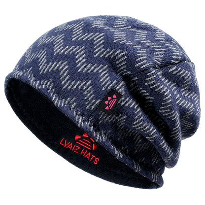 Reversible Striped Pattern Warm Fleece Lined Beanie Hats