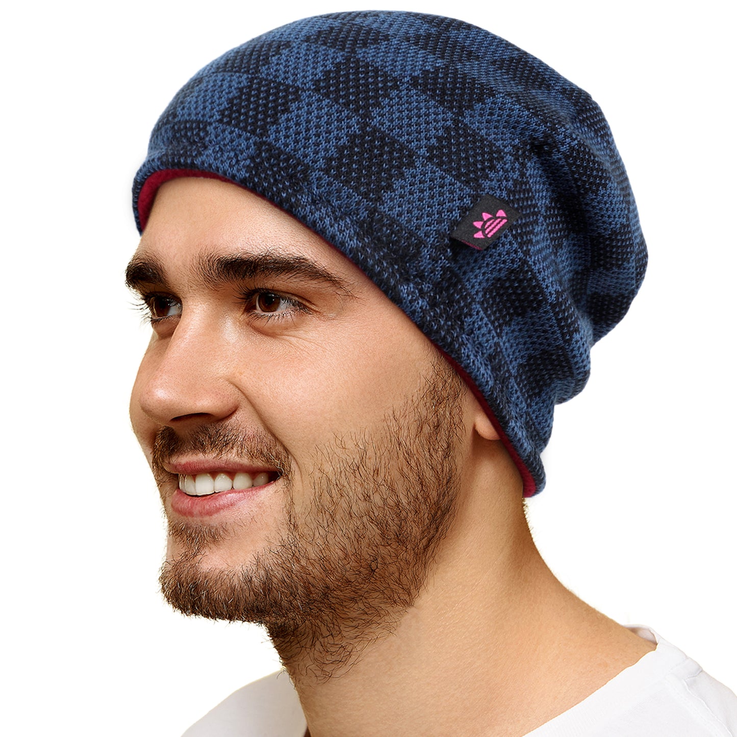 Reversible Plaid Patterned Warm Fleece Lined Beanie Hats