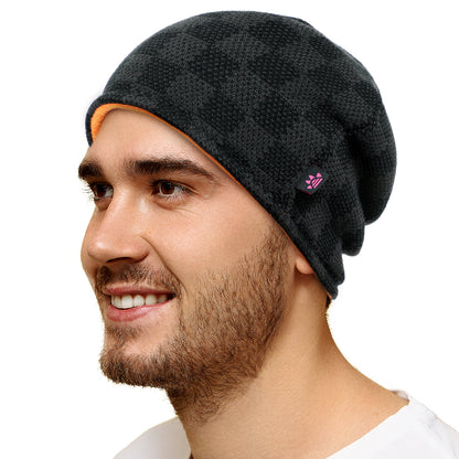 Reversible Plaid Patterned Warm Fleece Lined Beanie Hats