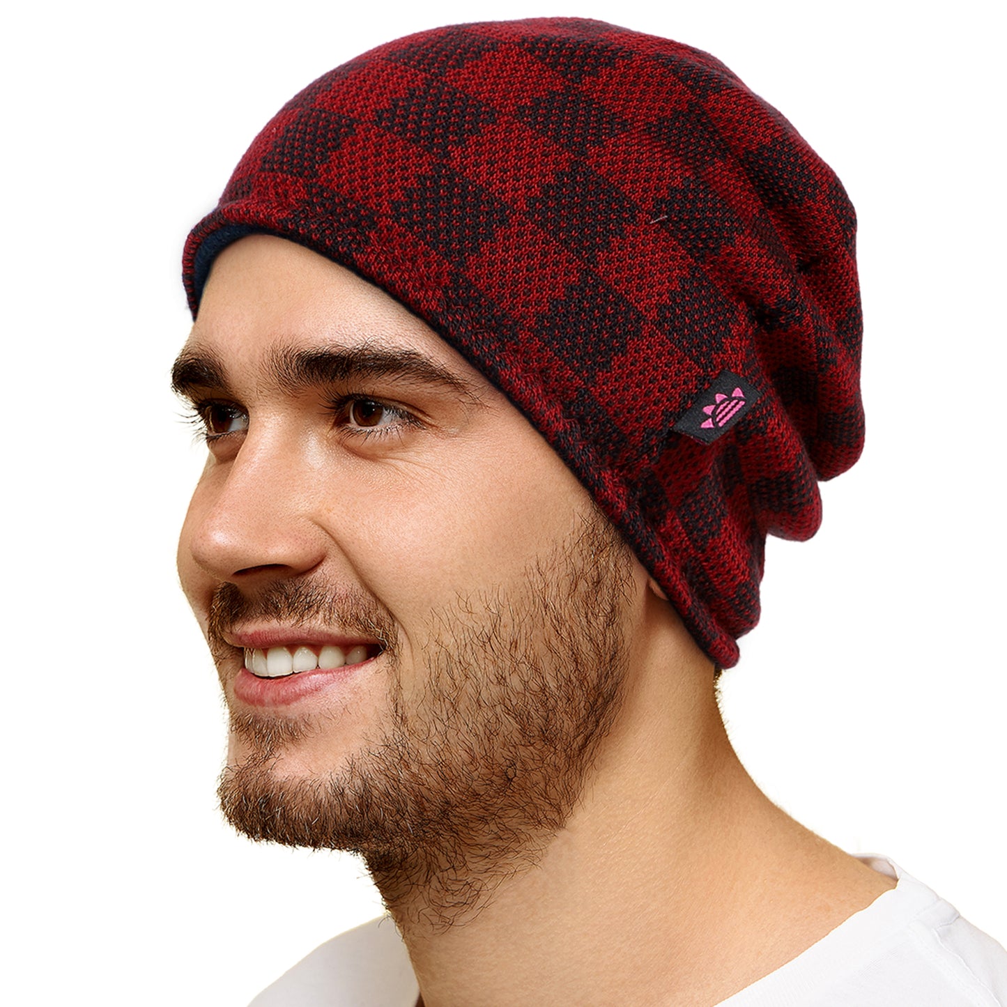 Reversible Plaid Patterned Warm Fleece Lined Beanie Hats