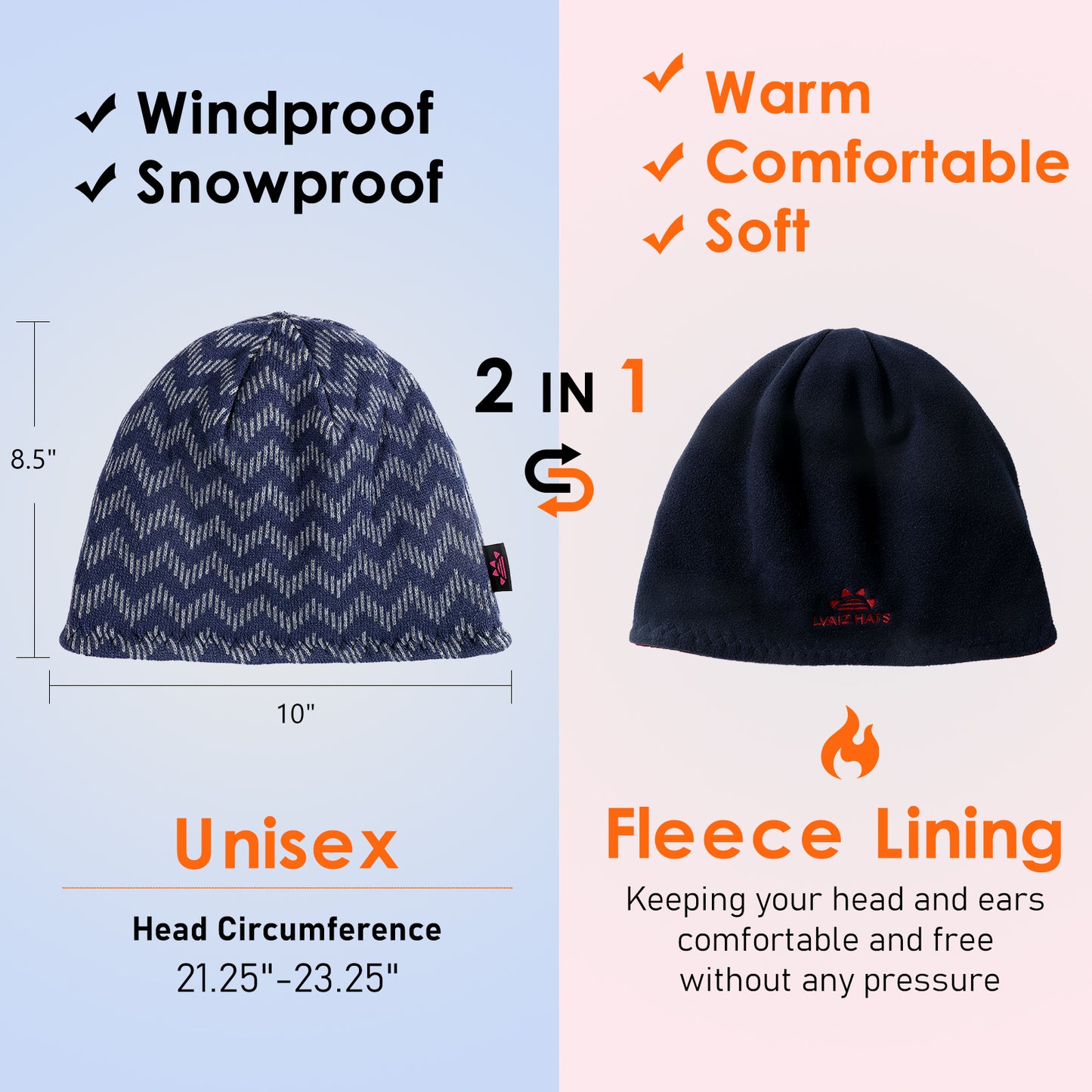 Reversible Striped Pattern Warm Fleece Lined Beanie Hats