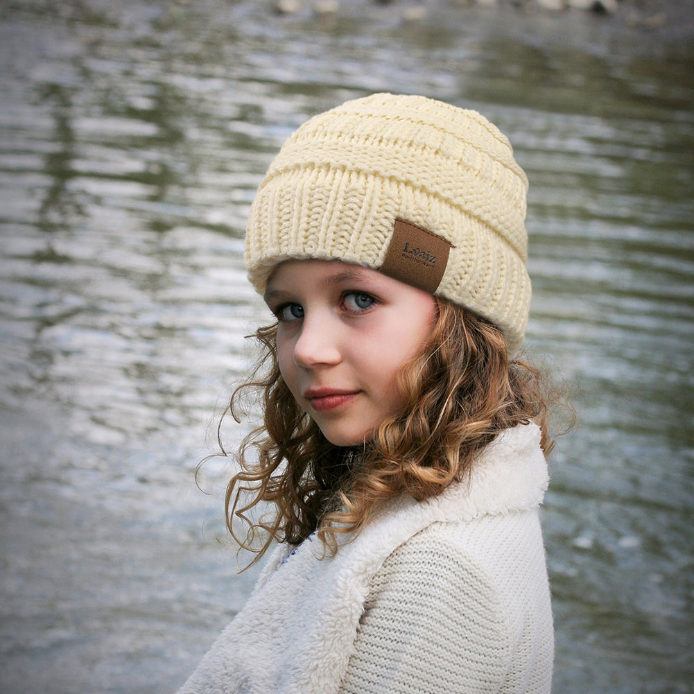 Kids Cable Knitted Beanie Silk Satin Lined Thick Chunky Cap