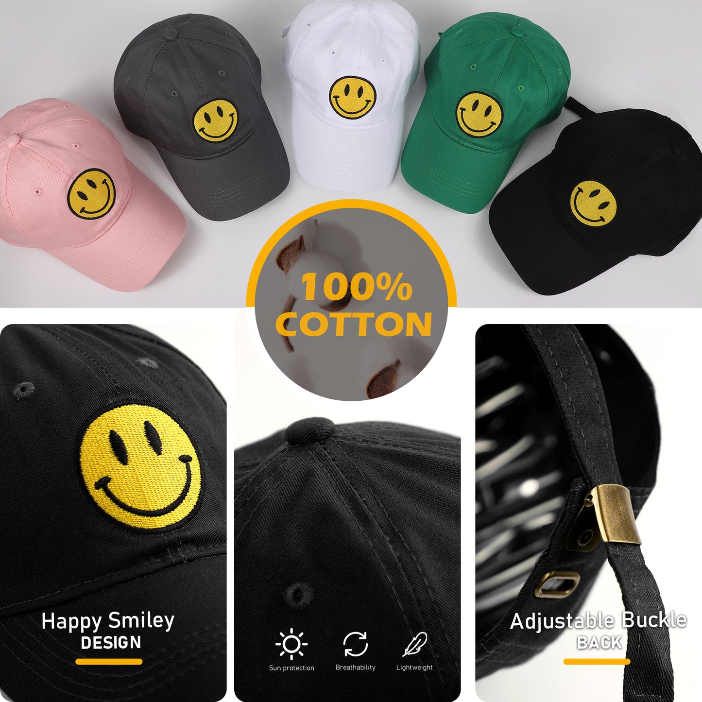 Smiley Face Washed Cotton Baseball Cap