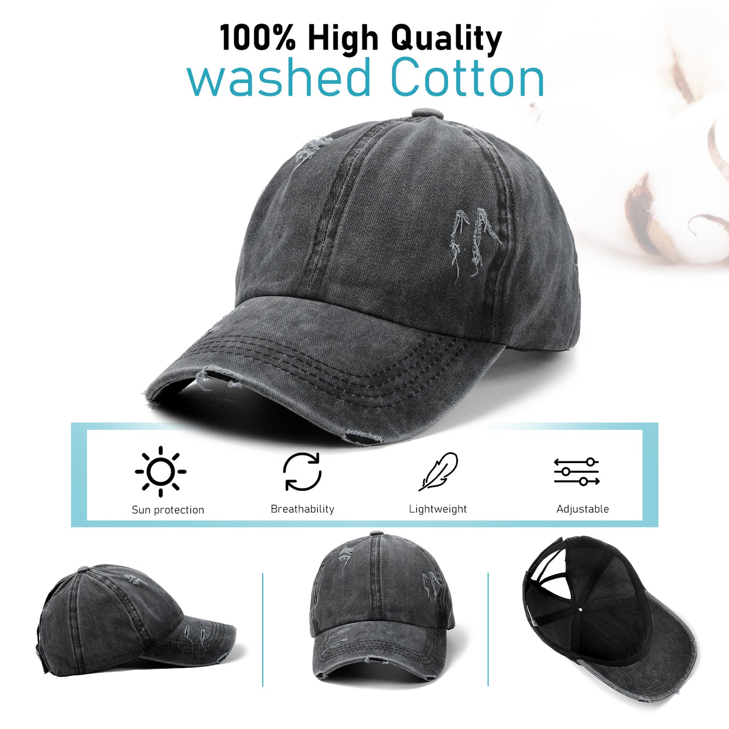 Women Distressed Washed High Messy Bun Baseball Cap