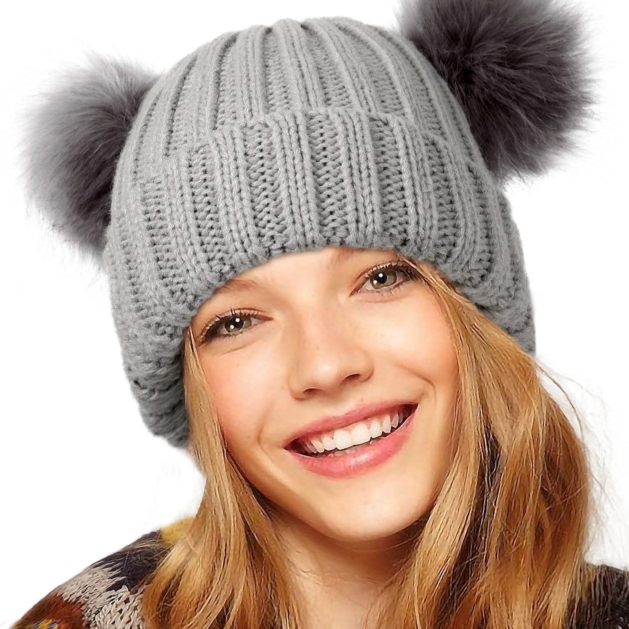 Winter Double Pom Pom Beanie Hats Detachable Fur Ball Cute Cap Lvaiz