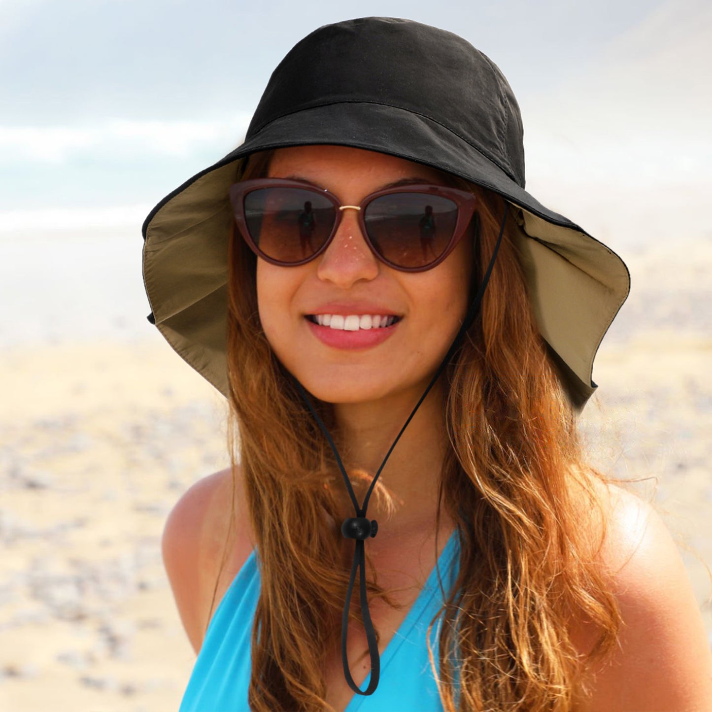 Sun UV Beach Bucket Hat with Strap with Neck Flap