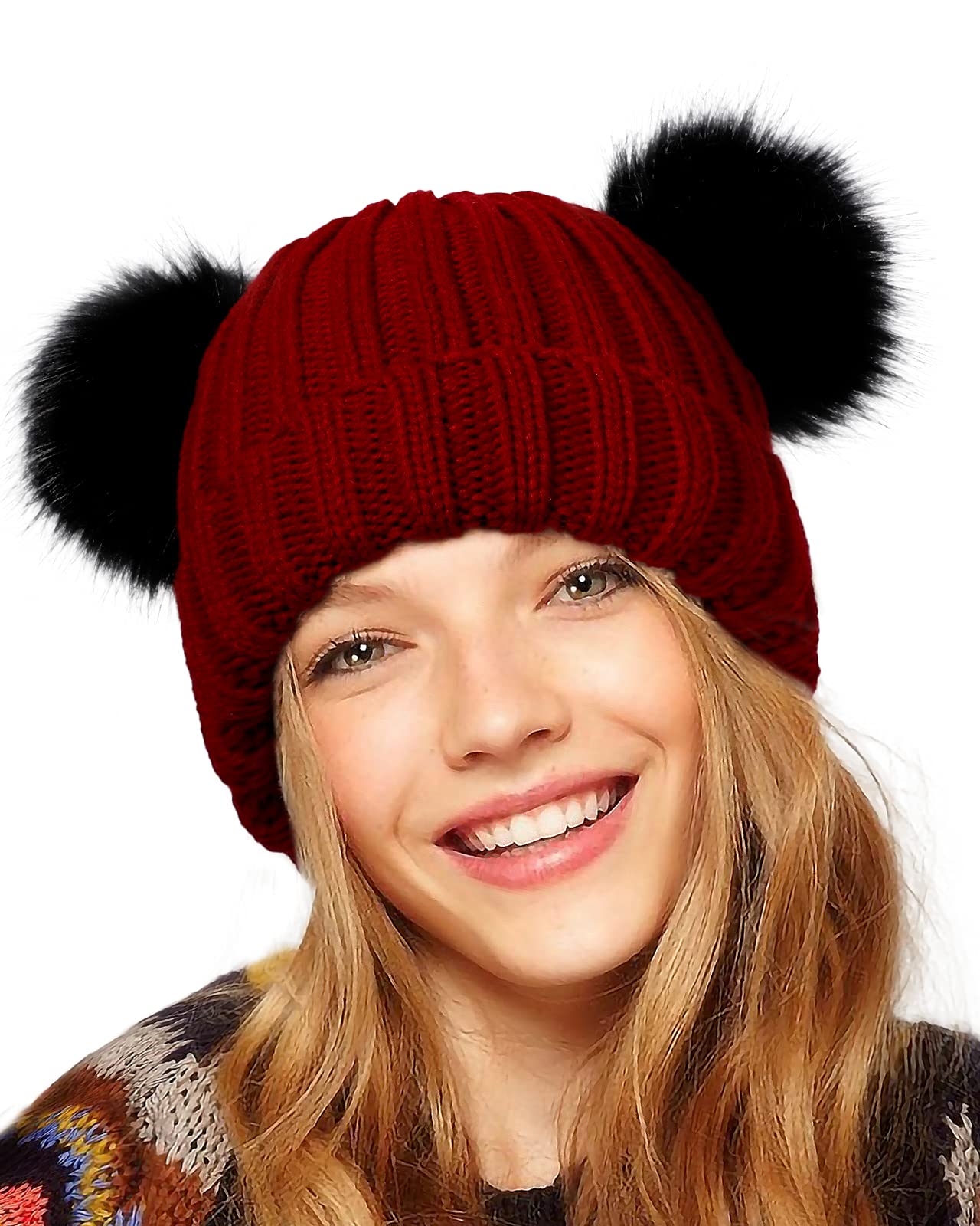 Leopard Beanies with Removable Raccoon Fur Pom-Pom - Winter Warm Long Knit Thick Ribbed Cuffed Soft Ladies Beanie Hat (Latte) - 5328